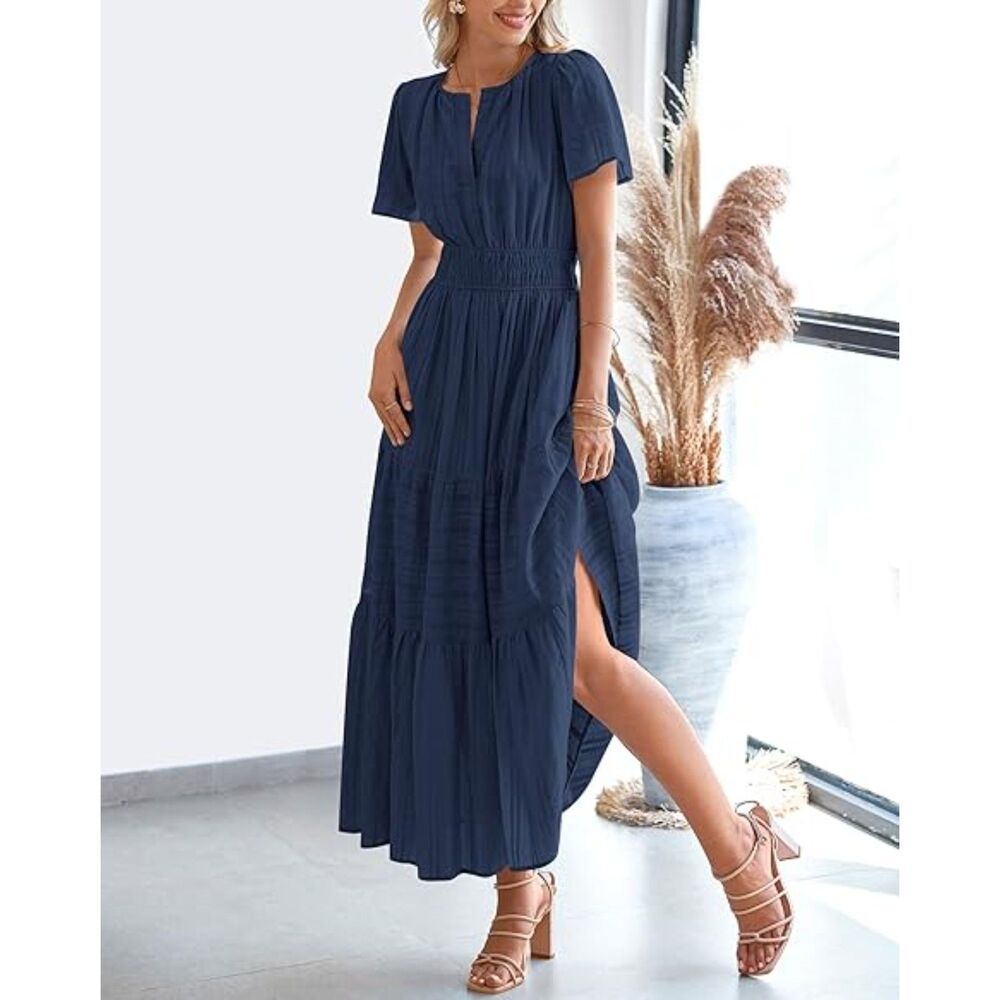 Women's Navy V Neck Short Sleeve A Line Summer Casual Maxi Dresses Pockets - Picture 4 of 6